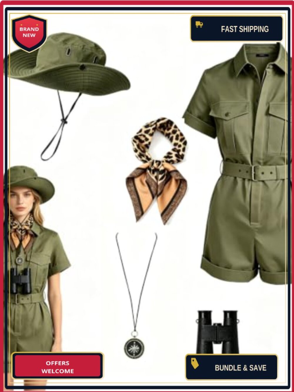 5PC Safari Costume Set Romper Sun Hat Scarf Compass Binoculars Zoo Keeper